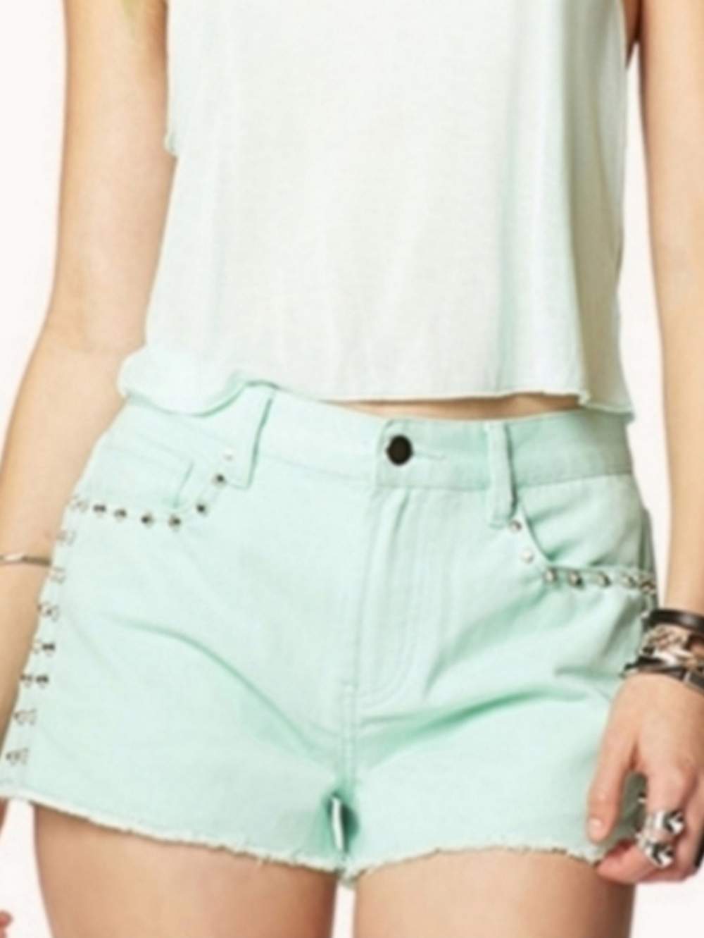 FOREVER 21 Denim Jean Shorts Mint Color Rhinestone Detail Size 30